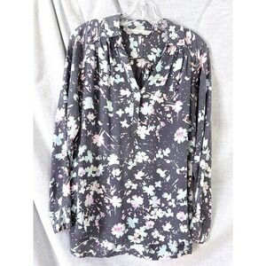 Rebecca Taylor Women 100% Silk Abstract Floral Split Neck Blouse Grey Size 4